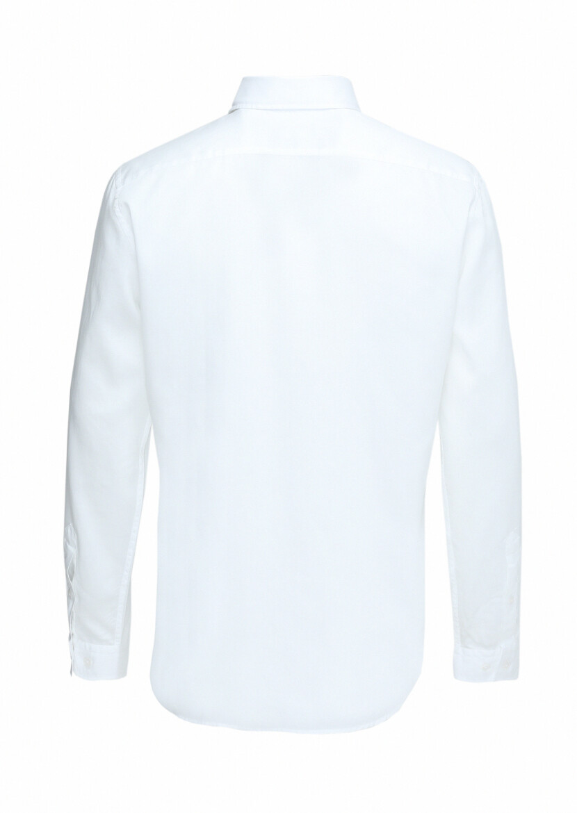 White Regular Fit Long Weaving Casual Cotton Blended Shirt - 5