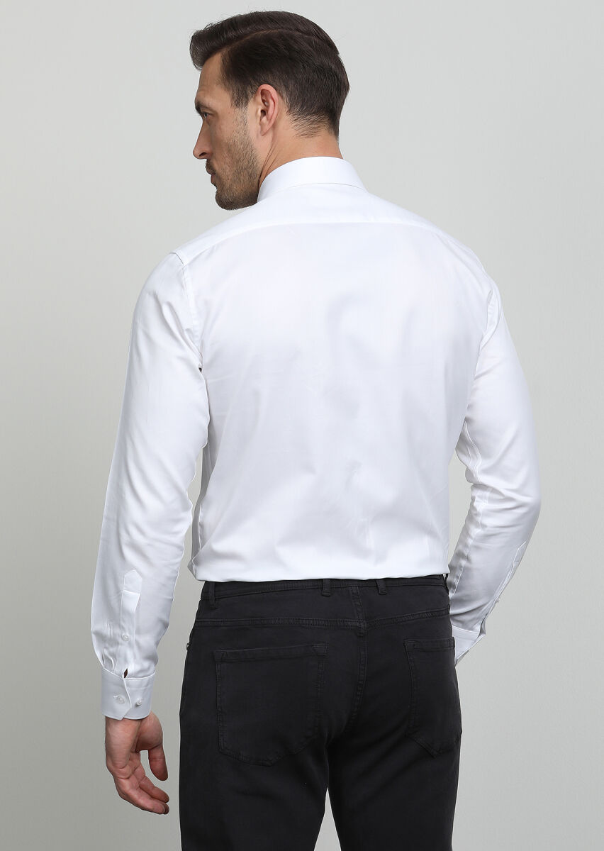 White Regular Fit Long Weaving Classical 100% Cotton Shirt - 4