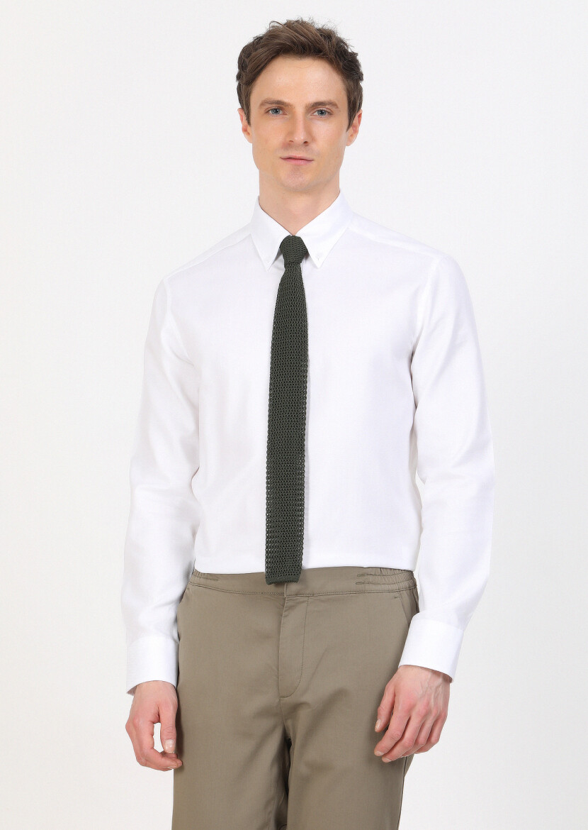 White Regular Fit Long Weaving Classical 100% Cotton Shirt - 1