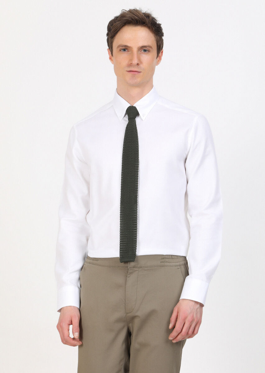 White Regular Fit Long Weaving Classical 100% Cotton Shirt - 1