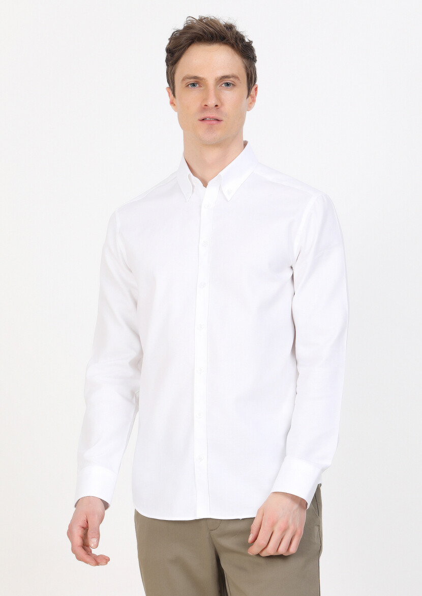 White Regular Fit Long Weaving Classical 100% Cotton Shirt - 2