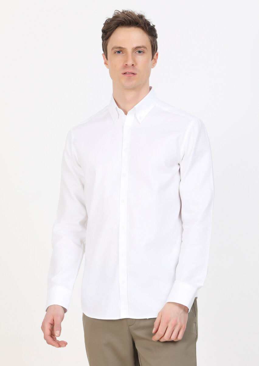 White Regular Fit Long Weaving Classical 100% Cotton Shirt - 2