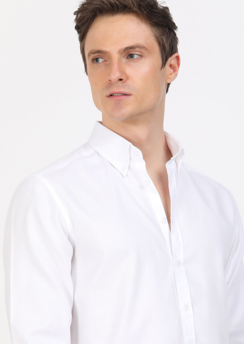 White Regular Fit Long Weaving Classical 100% Cotton Shirt - 3