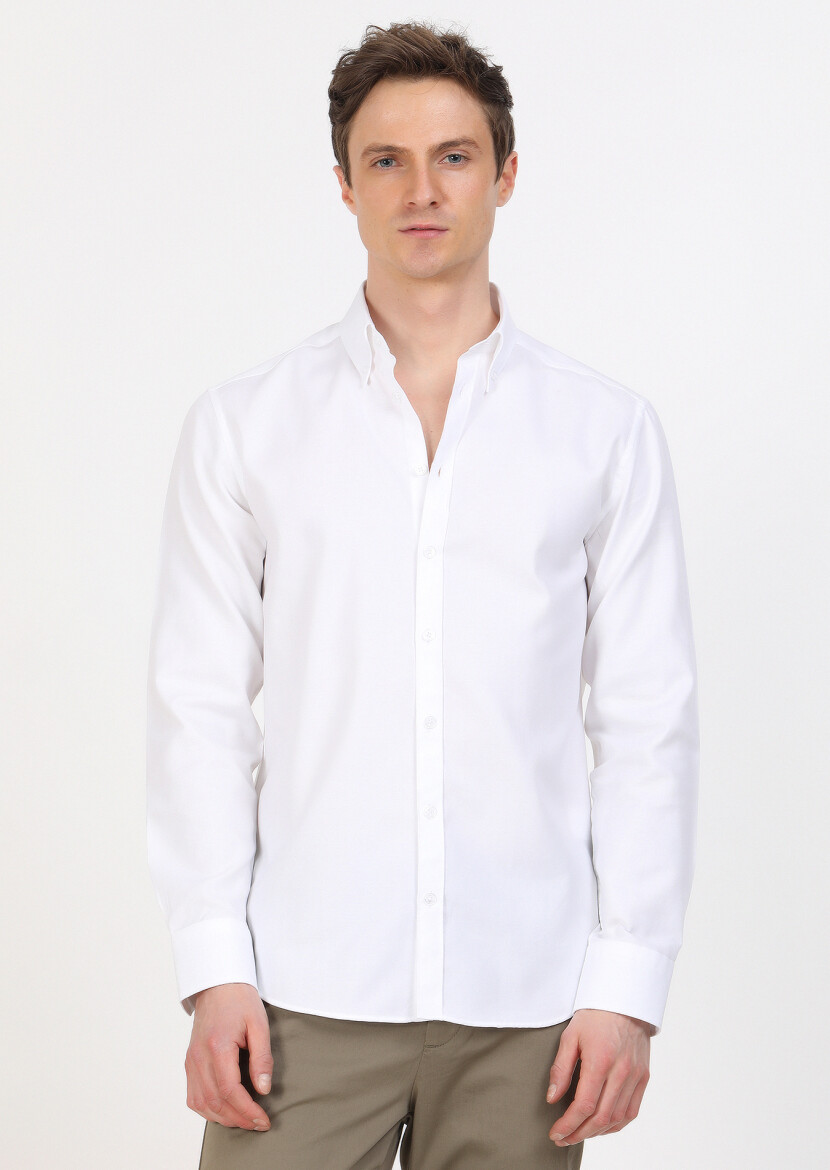 White Regular Fit Long Weaving Classical 100% Cotton Shirt - 4