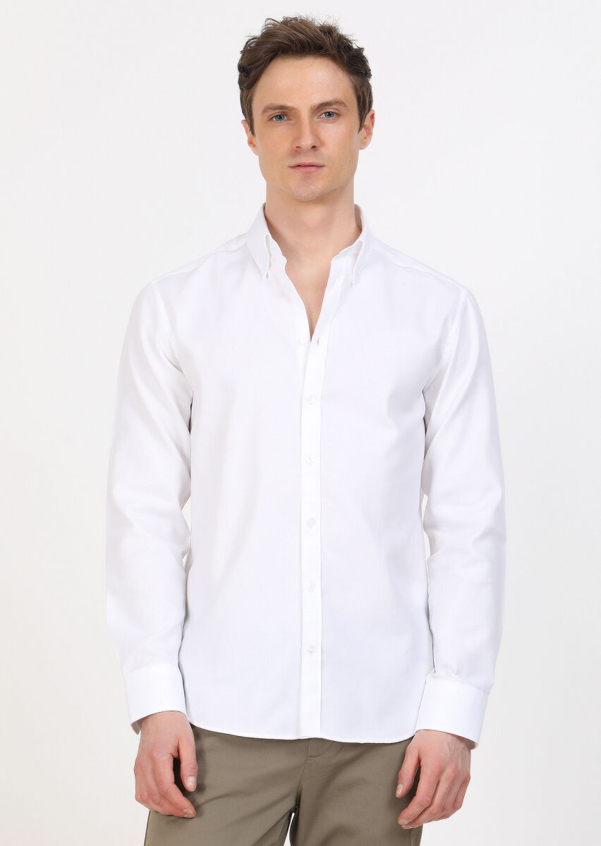 White Regular Fit Long Weaving Classical 100% Cotton Shirt - 4