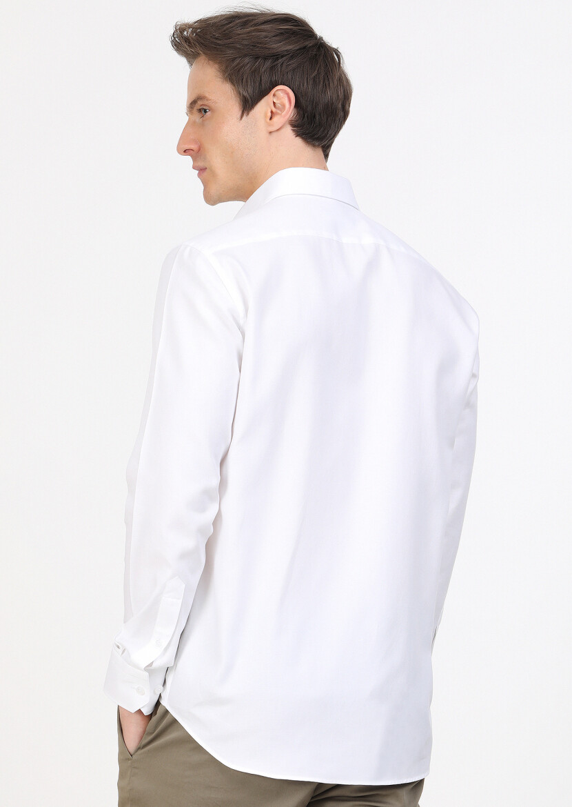 White Regular Fit Long Weaving Classical 100% Cotton Shirt - 5