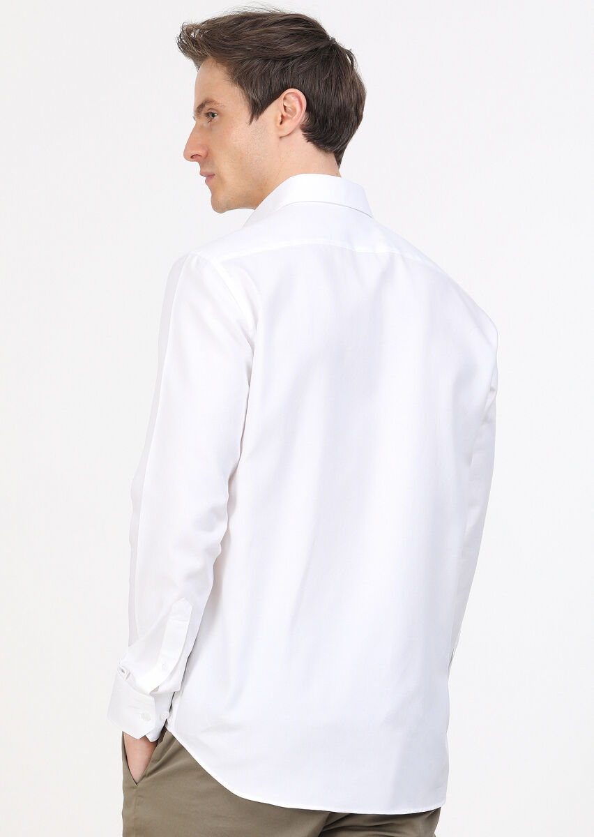 White Regular Fit Long Weaving Classical 100% Cotton Shirt - 5