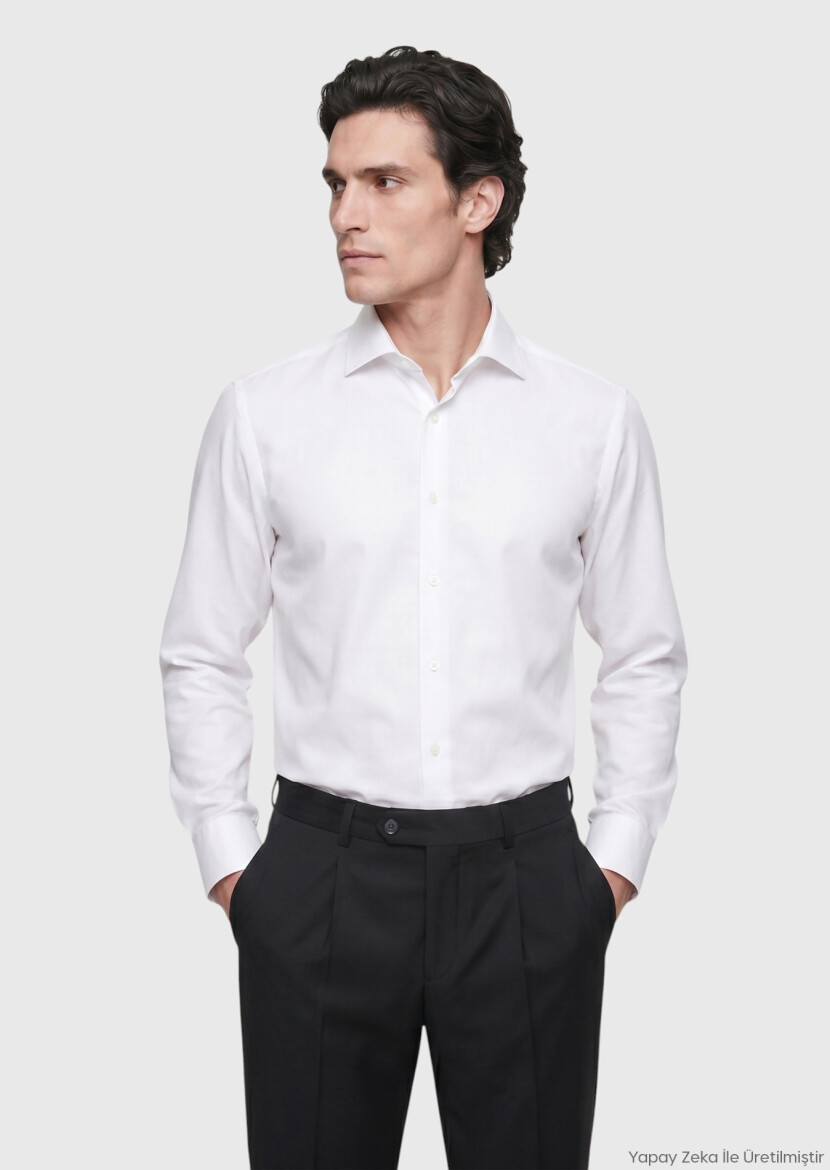 White Regular Fit Long Weaving Classical 100% Cotton Shirt 
