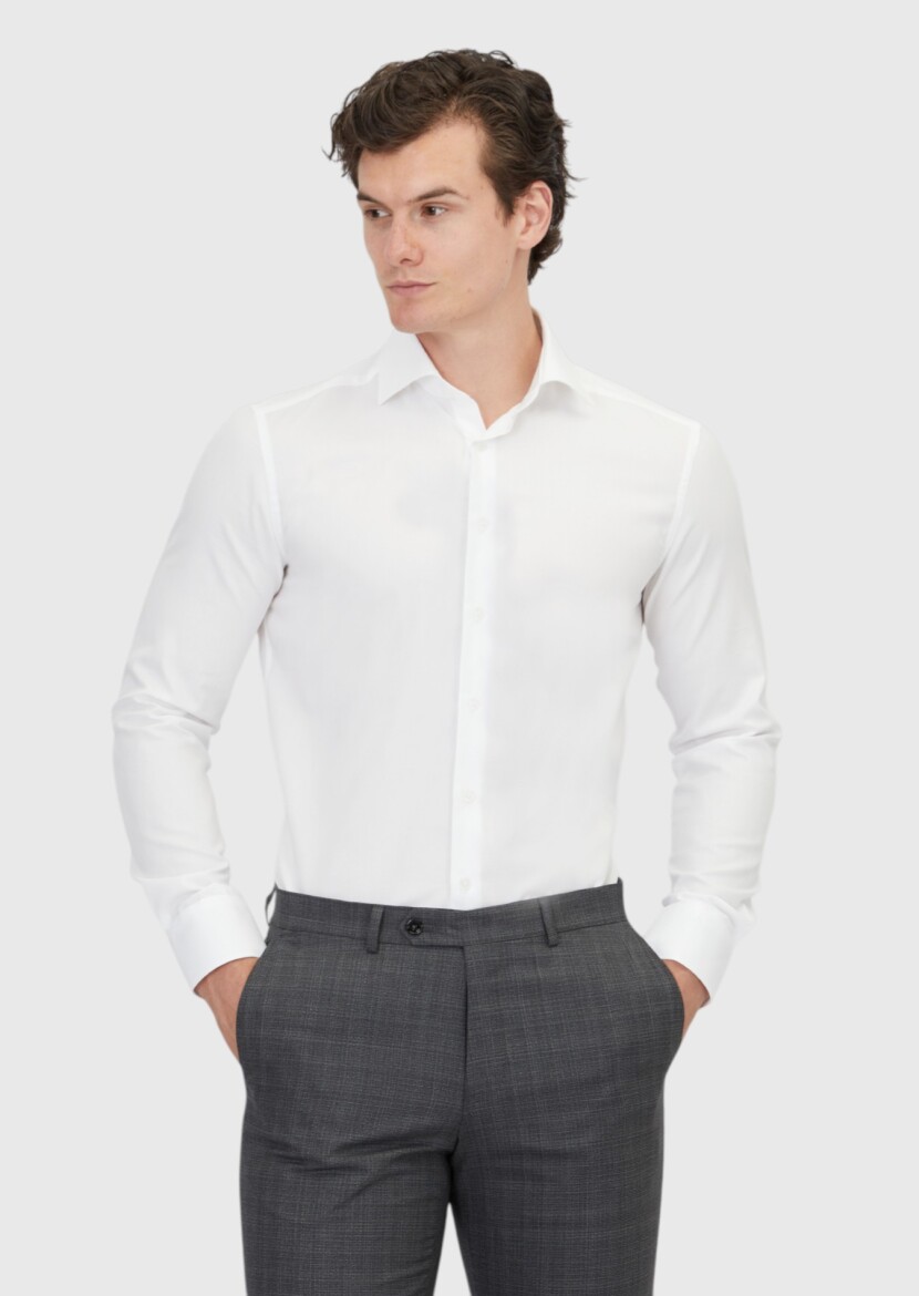 White Regular Fit Long Weaving Classical 100% Cotton Shirt - RAMSEY