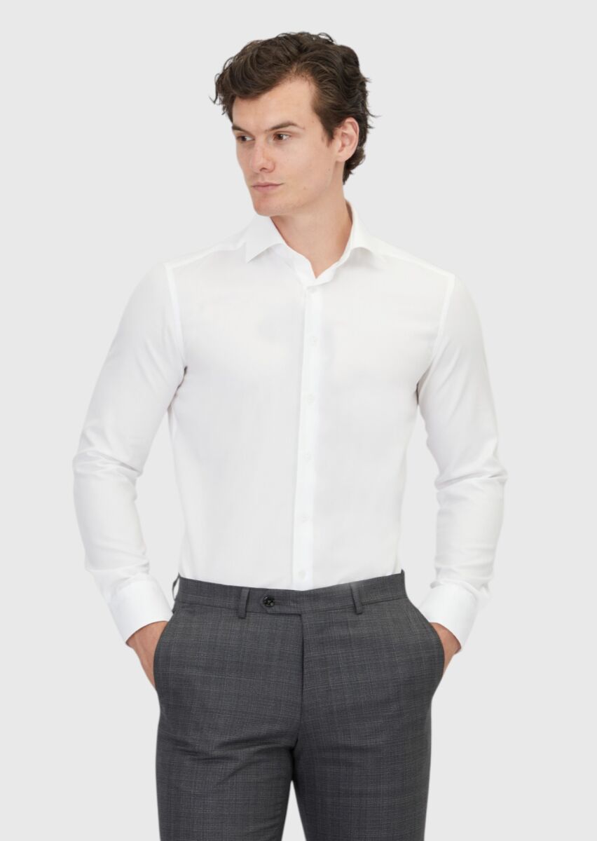 White Regular Fit Long Weaving Classical 100% Cotton Shirt - 1