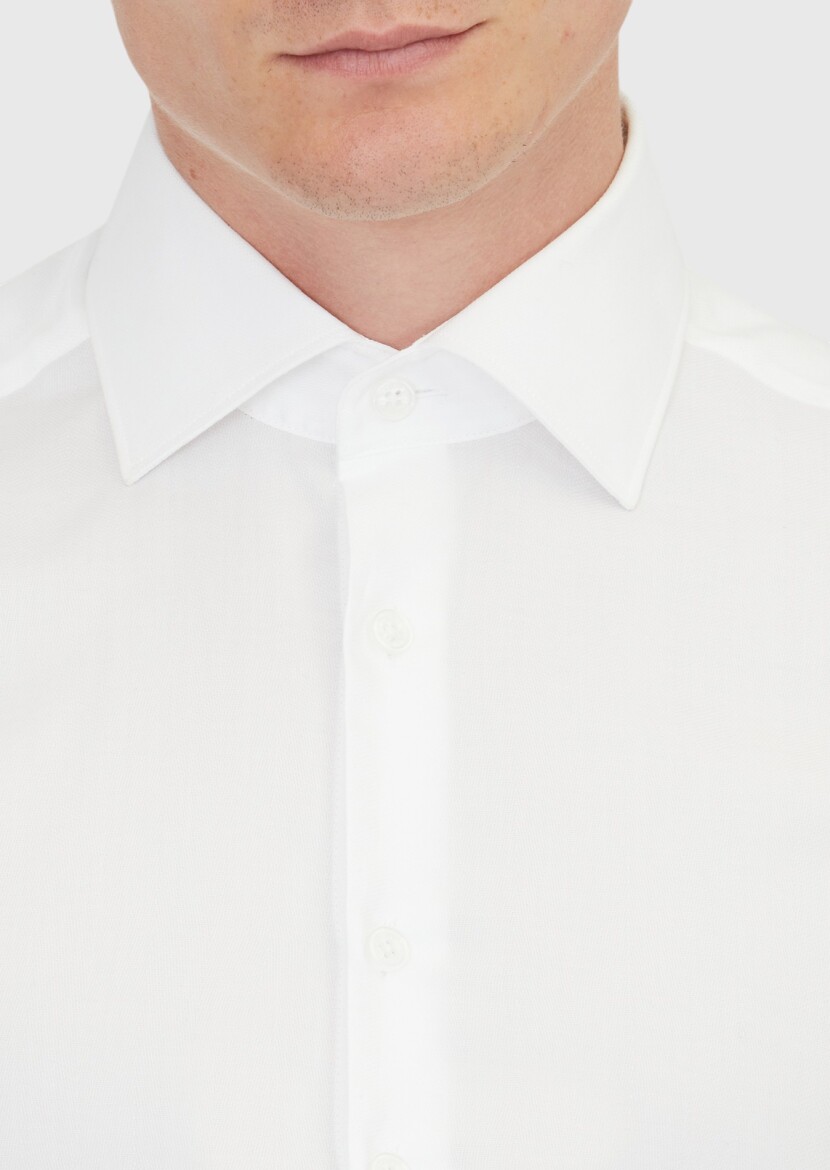 White Regular Fit Long Weaving Classical 100% Cotton Shirt - 3