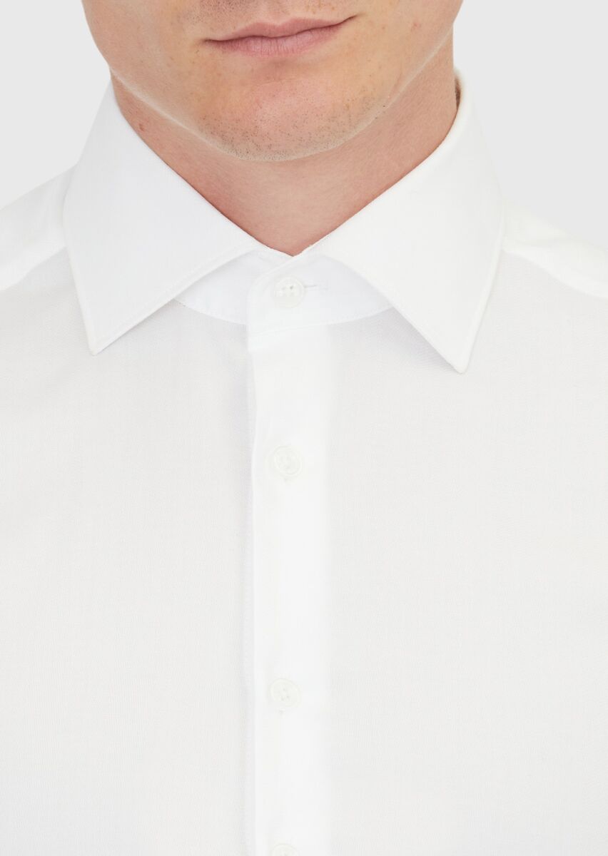 White Regular Fit Long Weaving Classical 100% Cotton Shirt - 3