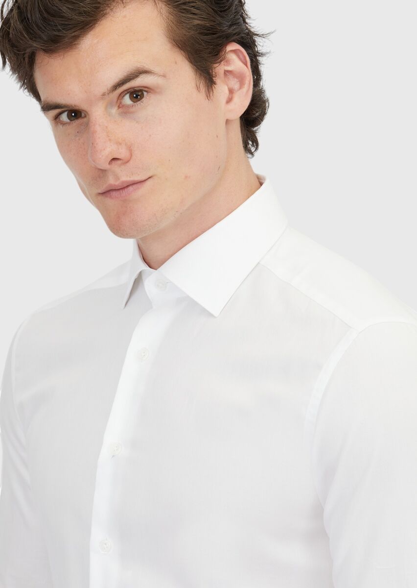 White Regular Fit Long Weaving Classical 100% Cotton Shirt - 4