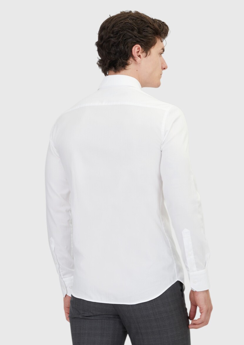 White Regular Fit Long Weaving Classical 100% Cotton Shirt - 5