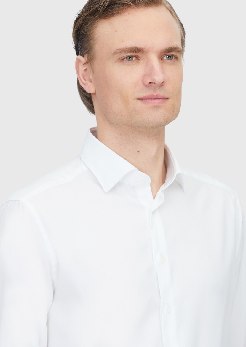 White Regular Fit Long Weaving Classical 100% Cotton Shirt - 3