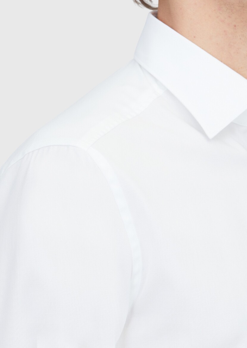 White Regular Fit Long Weaving Classical 100% Cotton Shirt - 4