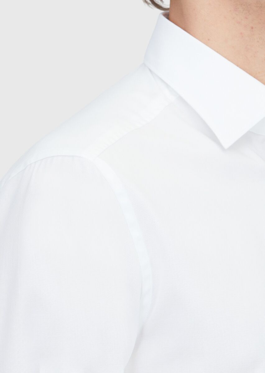 White Regular Fit Long Weaving Classical 100% Cotton Shirt - 4