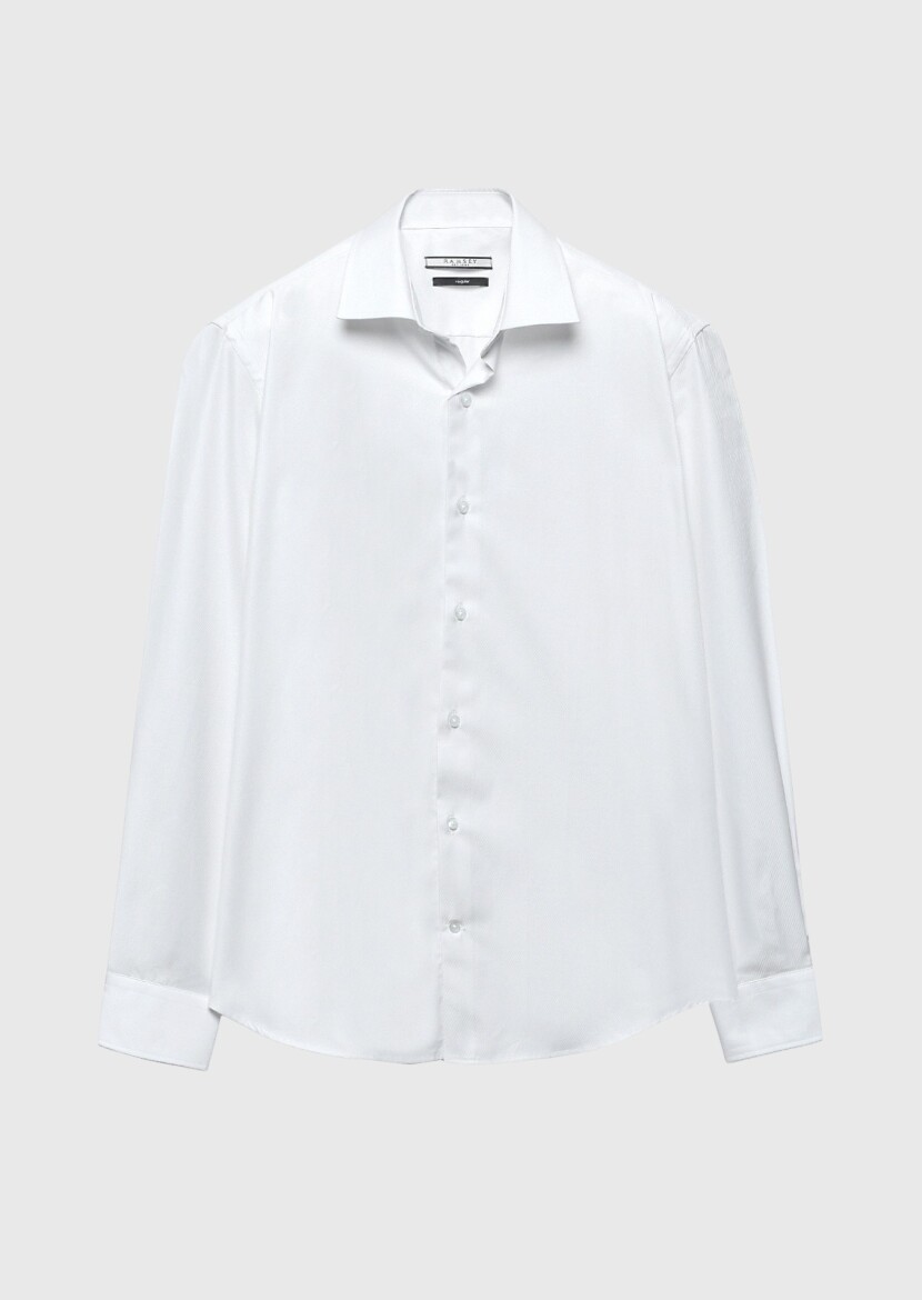 White Regular Fit Long Weaving Classical 100% Cotton Shirt - 6