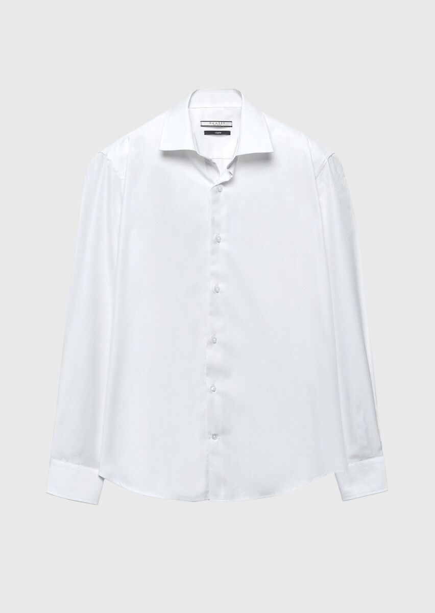 White Regular Fit Long Weaving Classical 100% Cotton Shirt - 6