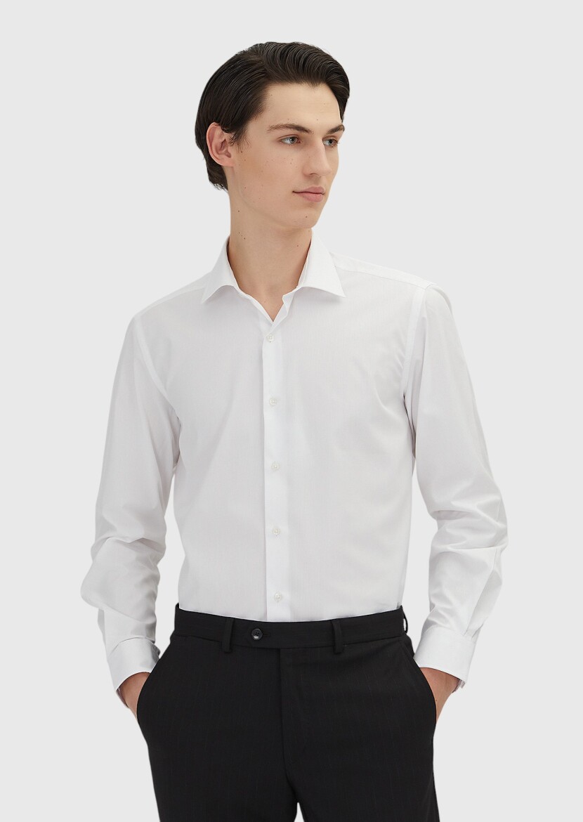 White Regular Fit Long Weaving Classical 100% Cotton Shirt - RAMSEY