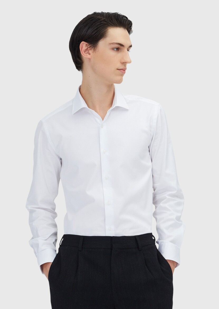 White Regular Fit Long Weaving Classical 100% Cotton Shirt - RAMSEY