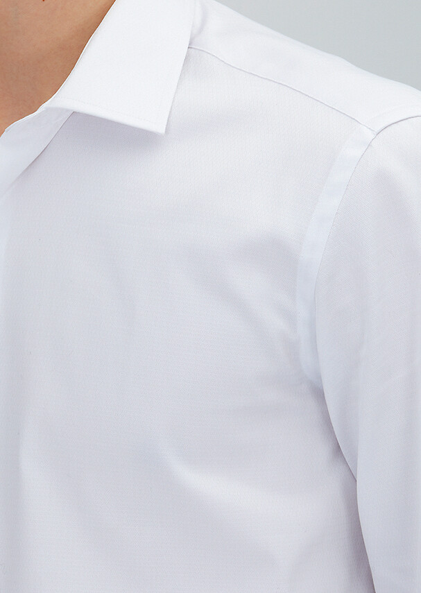 White Regular Fit Long Weaving Classical 100% Cotton Shirt - 3