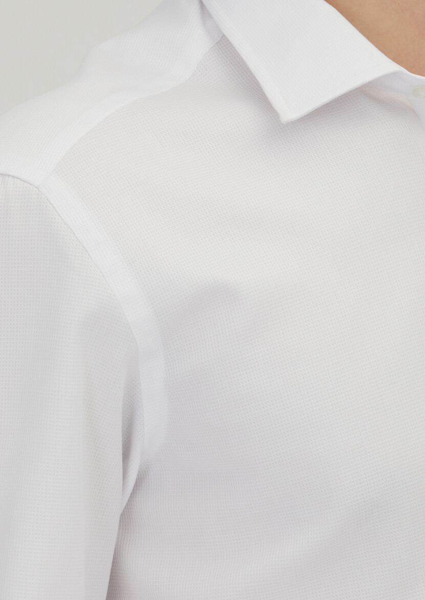White Regular Fit Long Weaving Classical 100% Cotton Shirt - 3
