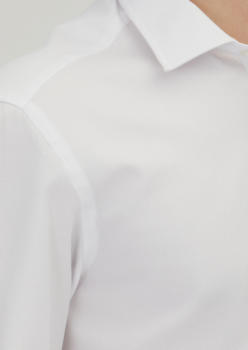 White Regular Fit Long Weaving Classical 100% Cotton Shirt - 3