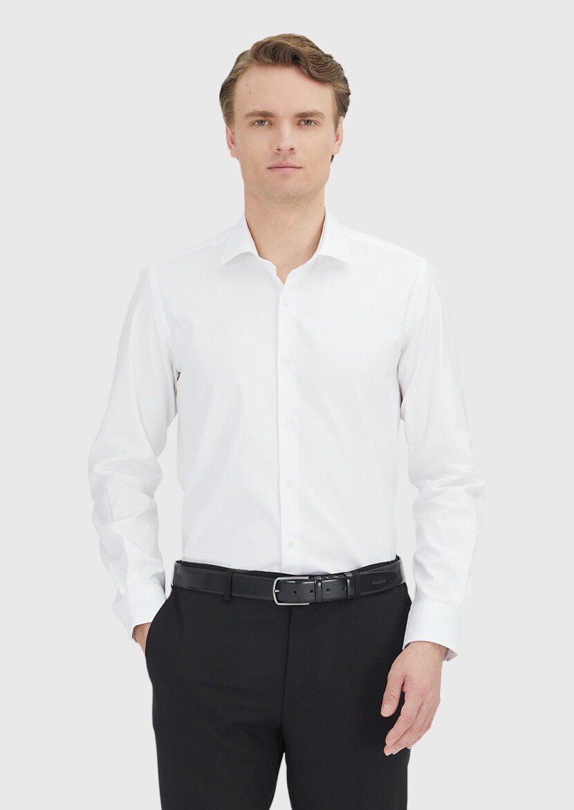 White Regular Fit Long Weaving Classical 100% Cotton Shirt - RAMSEY