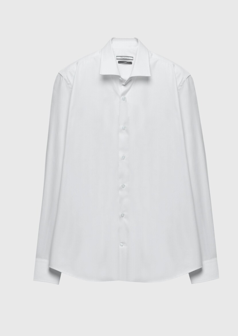 White Regular Fit Long Weaving Classical 100% Cotton Shirt - 6