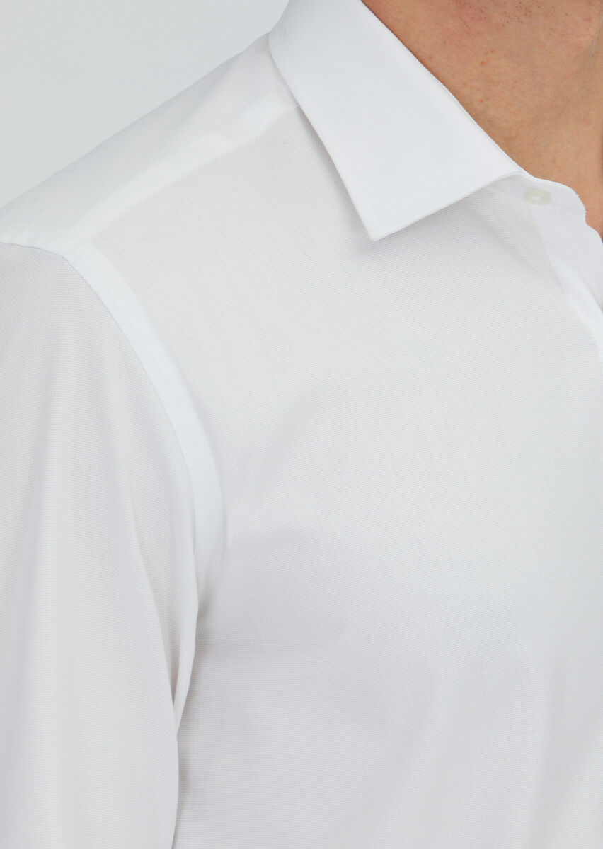 White Regular Fit Long Weaving Classical 100% Cotton Shirt - 4