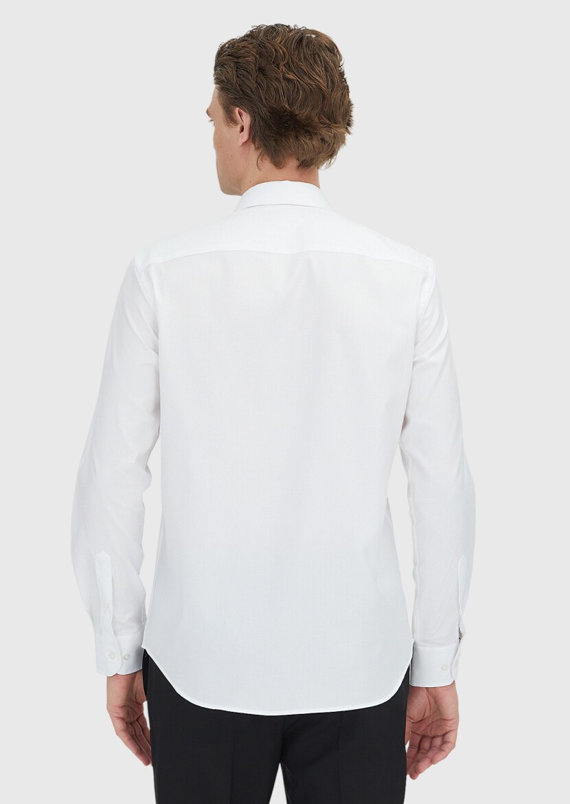 White Regular Fit Long Weaving Classical 100% Cotton Shirt - 5