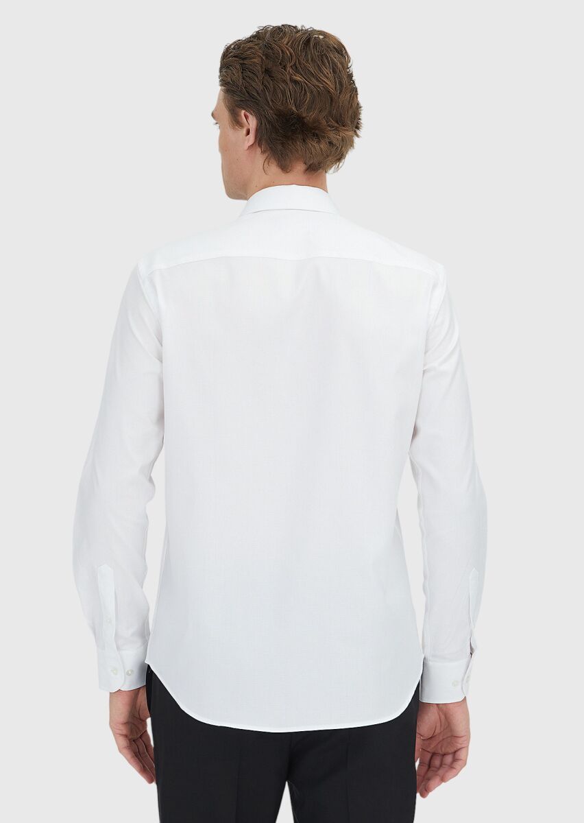 White Regular Fit Long Weaving Classical 100% Cotton Shirt - 5