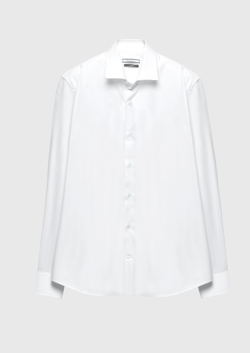White Regular Fit Long Weaving Classical 100% Cotton Shirt - 6