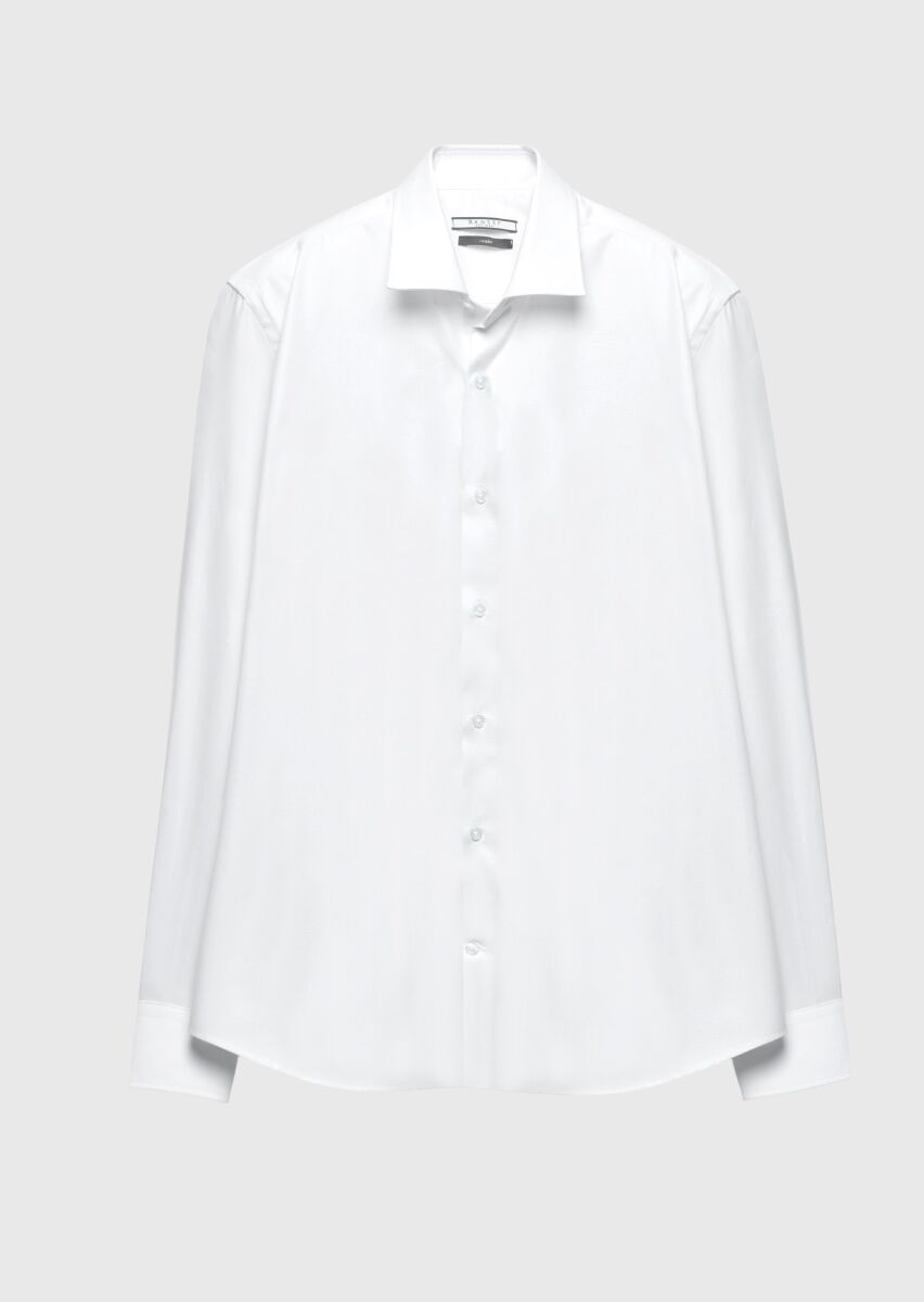 White Regular Fit Long Weaving Classical 100% Cotton Shirt - 6