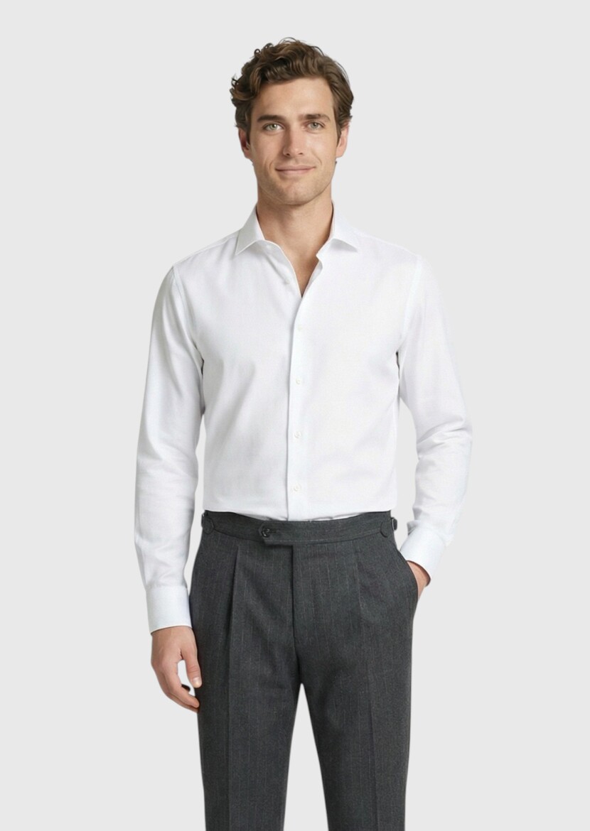 White Regular Fit Long Weaving Classical 100% Cotton Shirt - RAMSEY