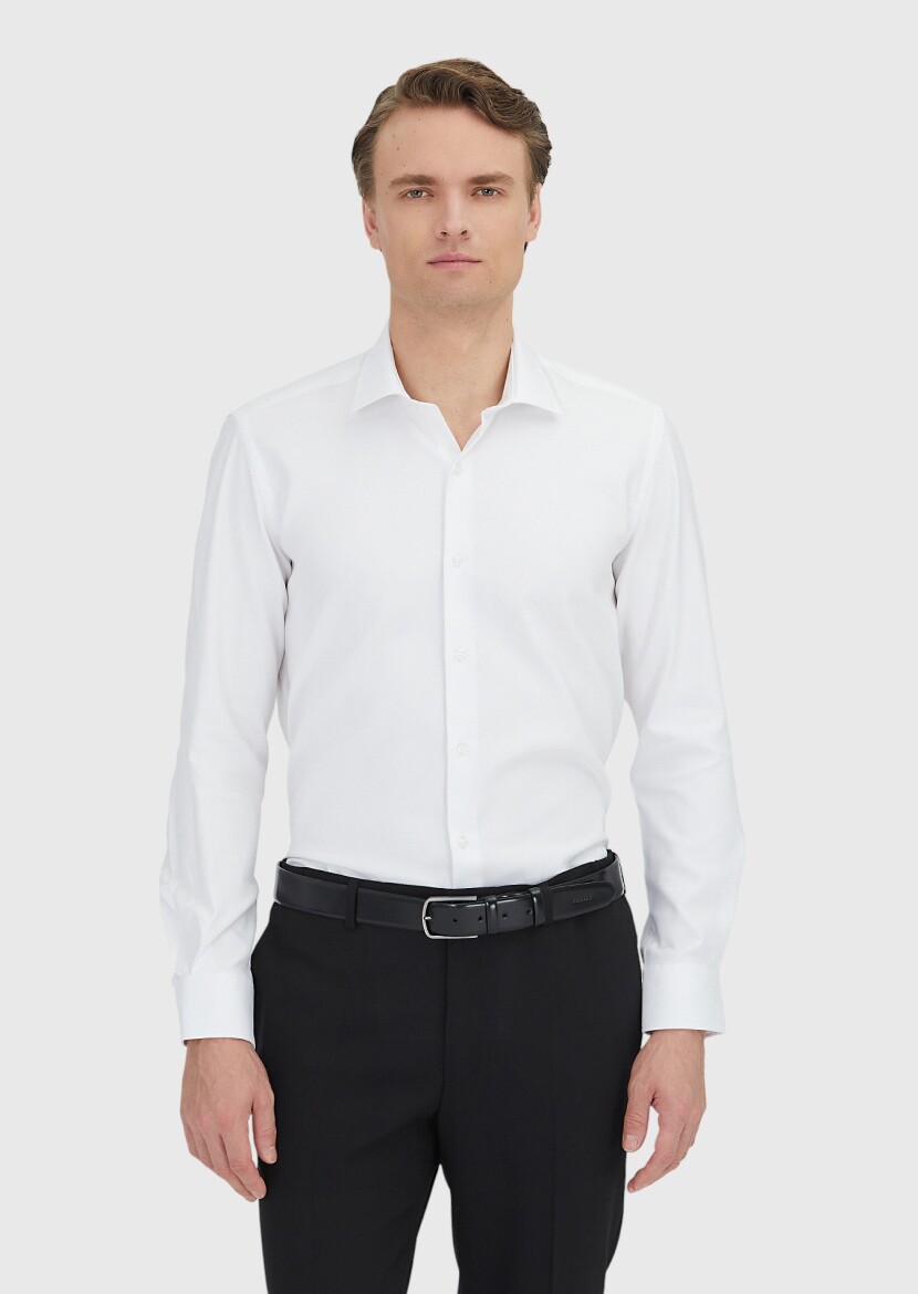 White Regular Fit Long Weaving Classical 100% Cotton Shirt - 1