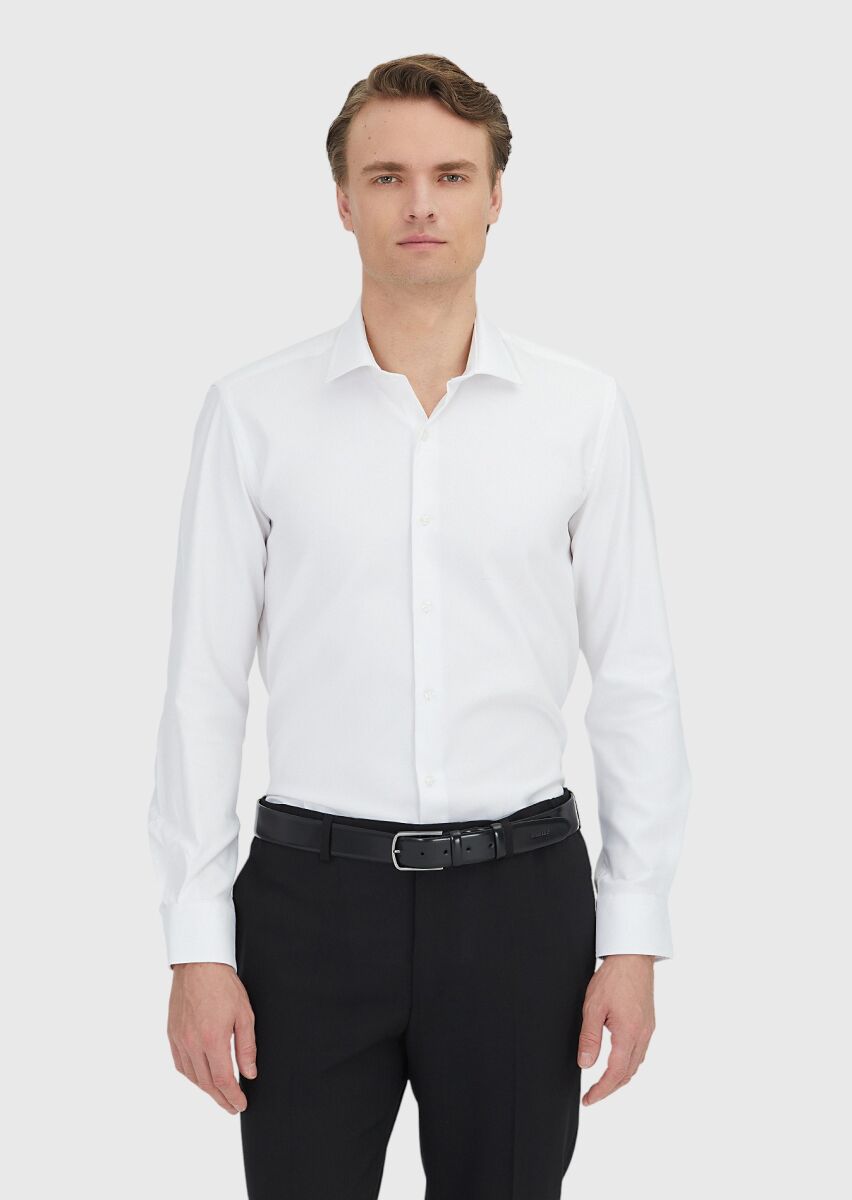 White Regular Fit Long Weaving Classical 100% Cotton Shirt - 1