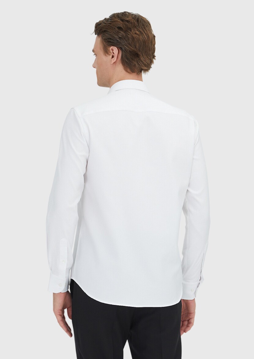 White Regular Fit Long Weaving Classical 100% Cotton Shirt - 5
