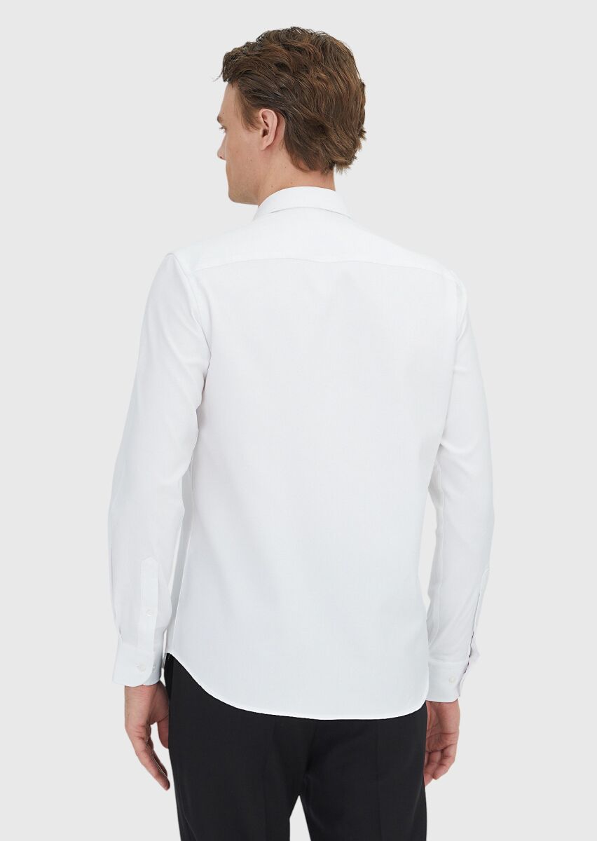 White Regular Fit Long Weaving Classical 100% Cotton Shirt - 5