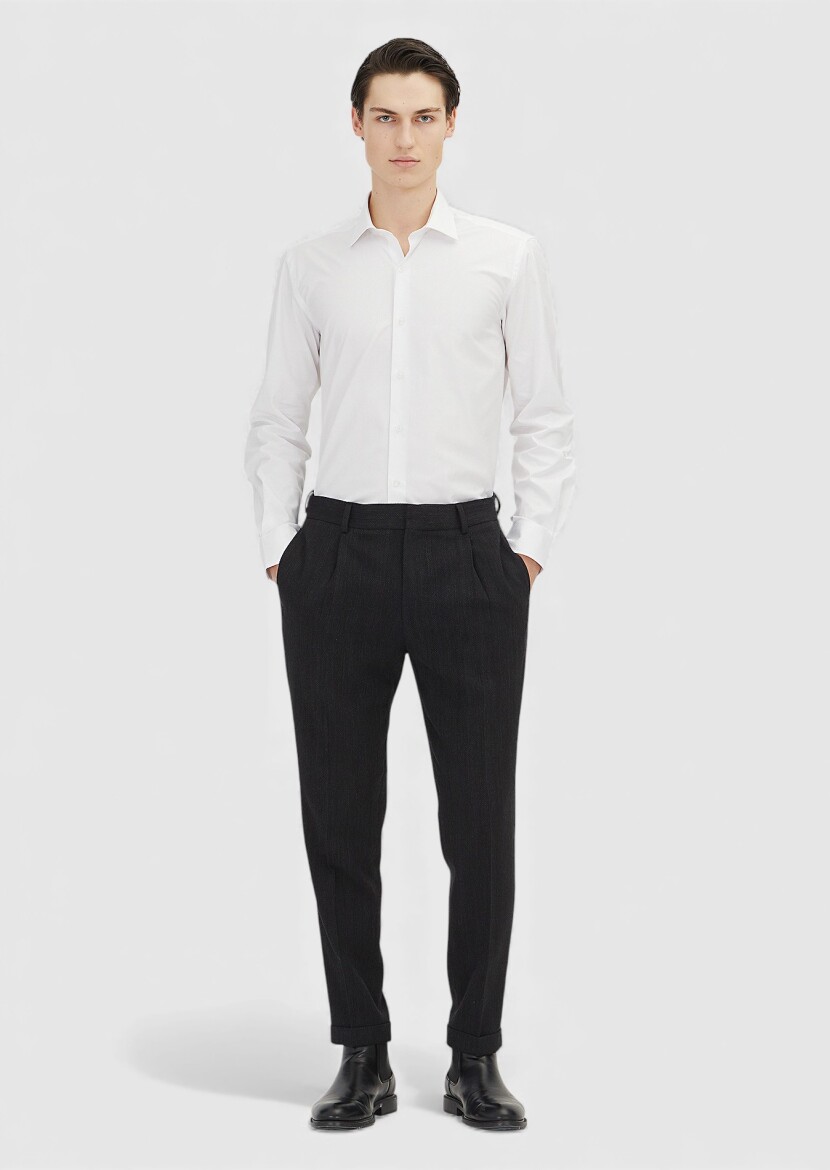 White Regular Fit Long Weaving Classical 100% Cotton Shirt - RAMSEY