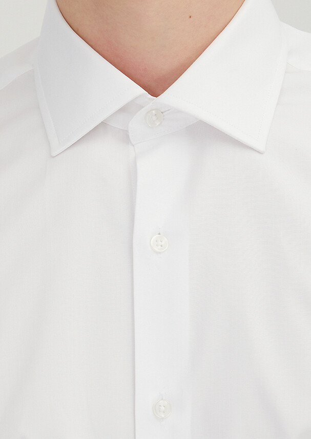 White Regular Fit Long Weaving Classical 100% Cotton Shirt - 4