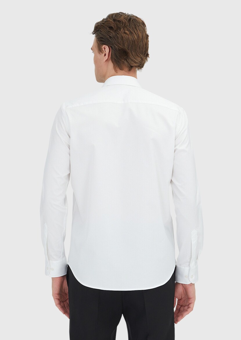 White Regular Fit Long Weaving Classical 100% Cotton Shirt - 5