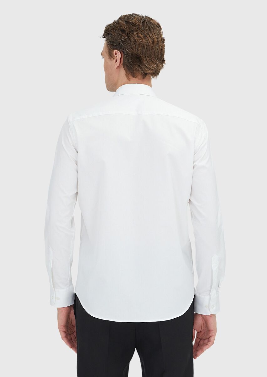 White Regular Fit Long Weaving Classical 100% Cotton Shirt - 5