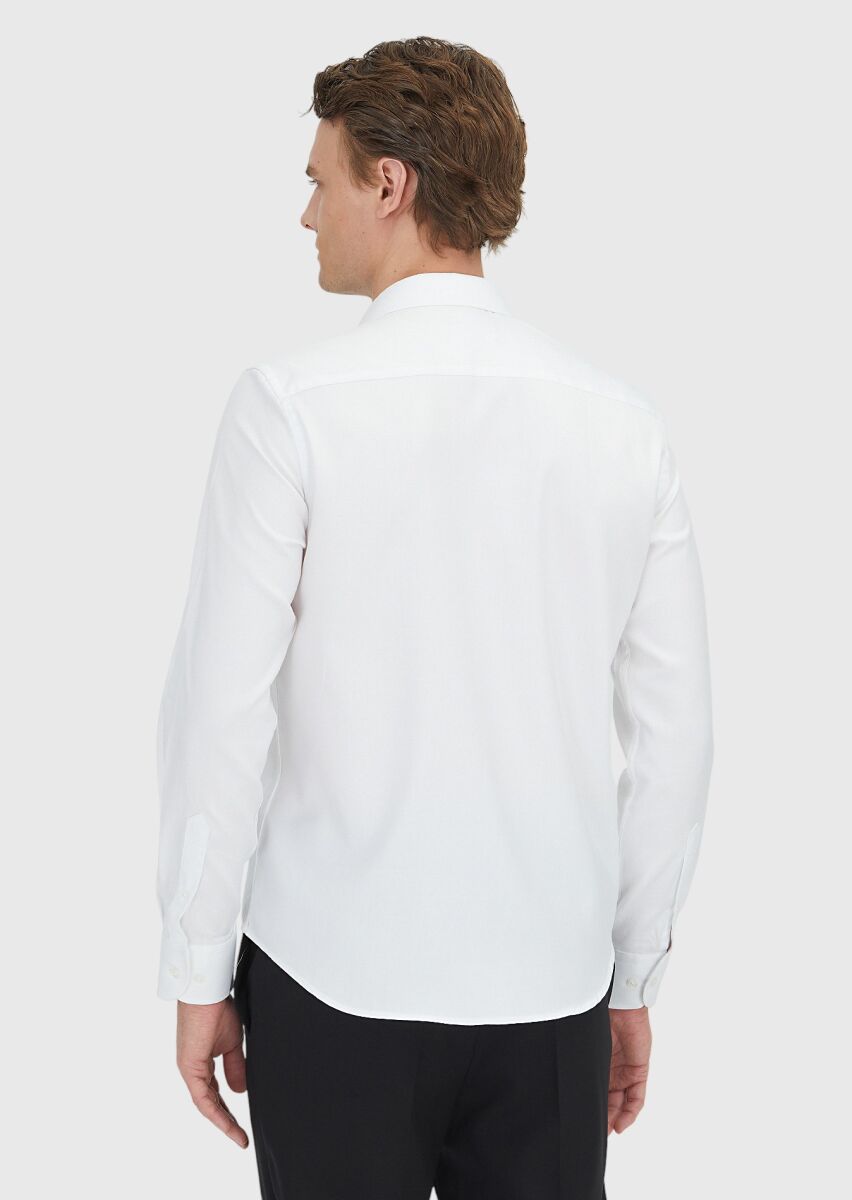 White Regular Fit Long Weaving Classical 100% Cotton Shirt - 5