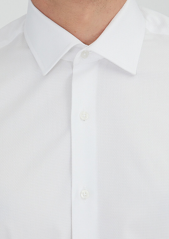 White Regular Fit Long Weaving Classical 100% Cotton Shirt - 3
