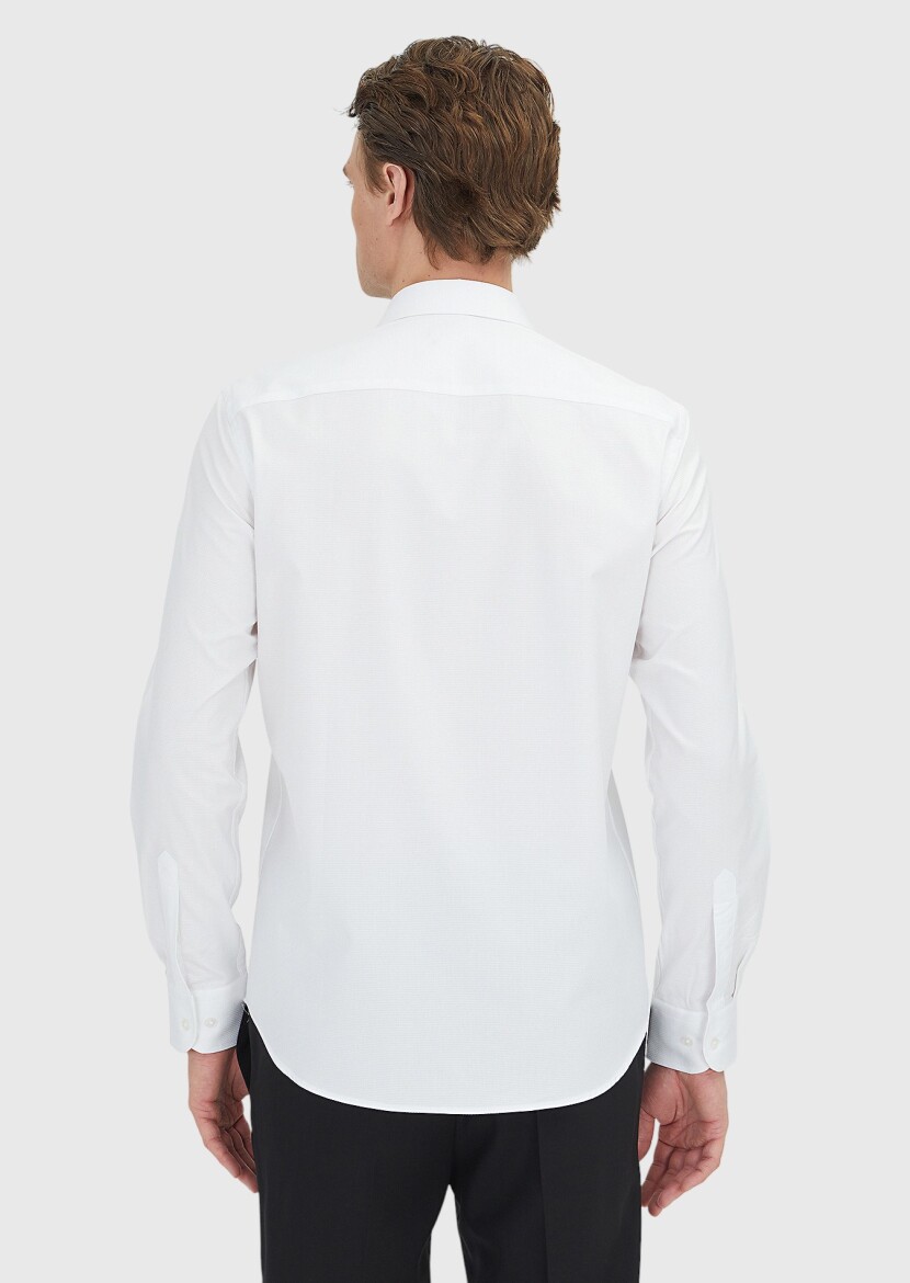 White Regular Fit Long Weaving Classical 100% Cotton Shirt - 5