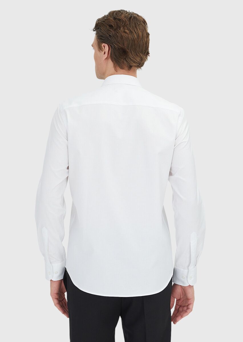 White Regular Fit Long Weaving Classical 100% Cotton Shirt - 5