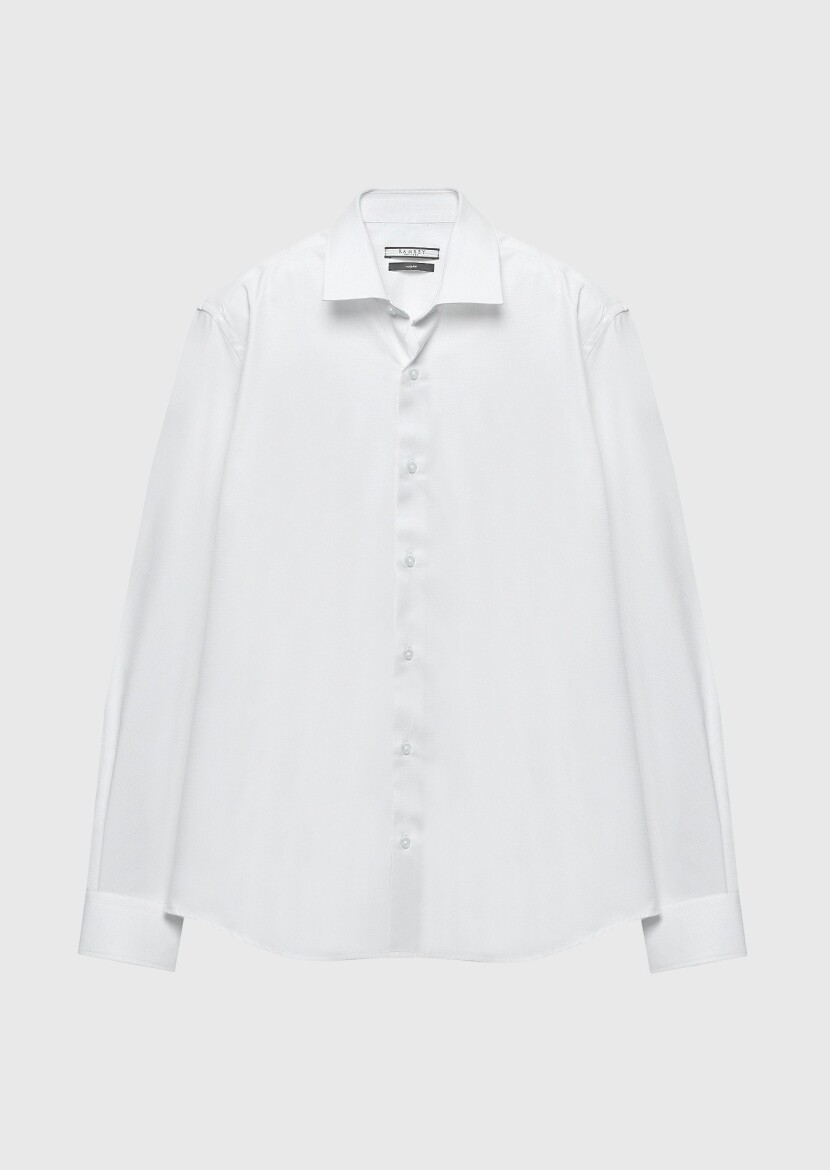 White Regular Fit Long Weaving Classical 100% Cotton Shirt - 6