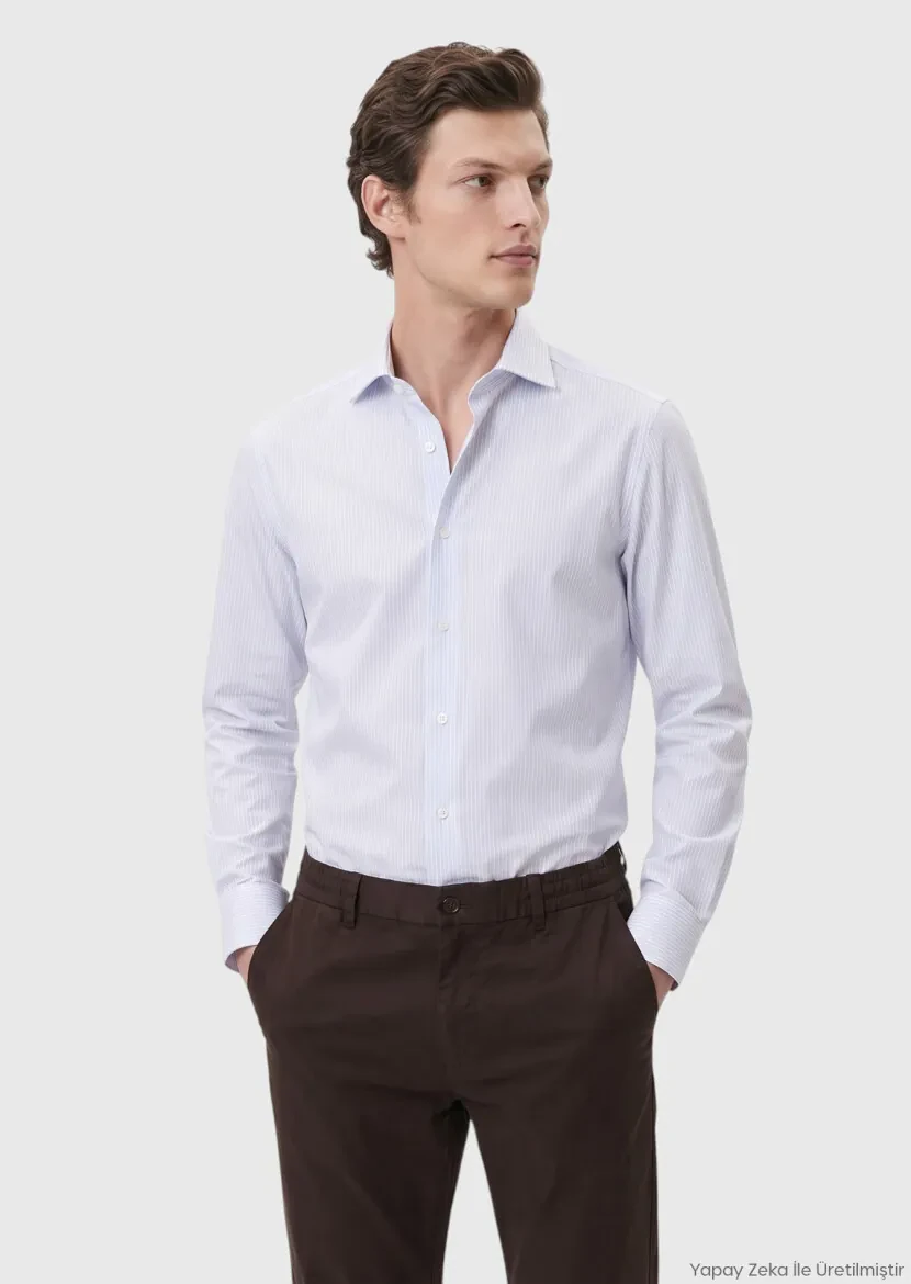 White Striped Regular Fit Long Weaving Classical 100% Cotton Shirt - RAMSEY